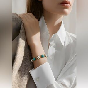 *NEW* Faux Pearl and Turquoise Gold Toned Bracelet with Decorative Metalwork